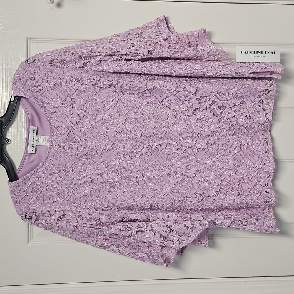 Caroline Rose Julia‎ Floral Lace 3/4 Bell Sleeve Lace Top: Iced Orchid: Size-S